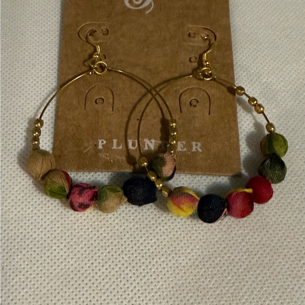 Plunder Multicolor Fabric Bead Hoop Earrings with Gold Accents